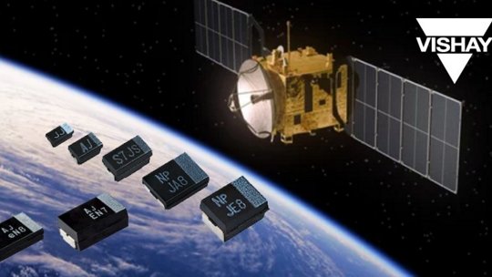 一颗配备有太阳能板的卫星围绕地球运行，同时展示了 Vishay 电子元件。