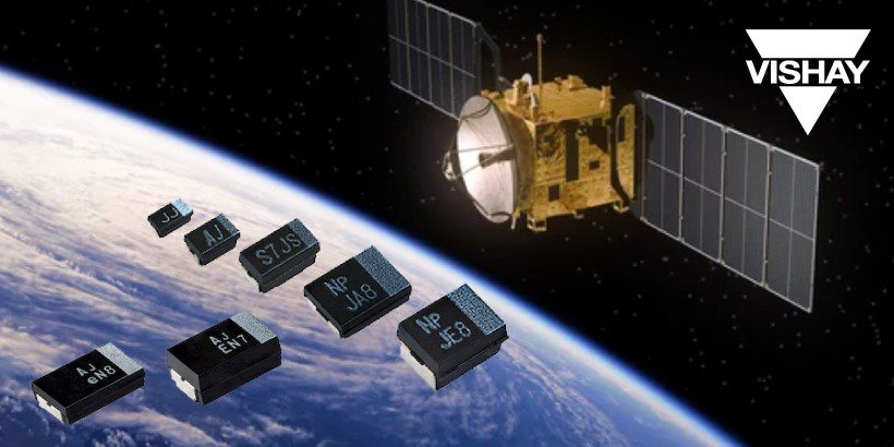 一颗配备太阳能电池板的卫星正在围绕地球轨道运行，旁边展示了Vishay电子元件。