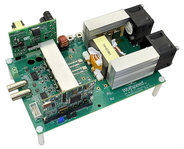 A Wolfspeed circuit board featuring various electronic components and modules. 