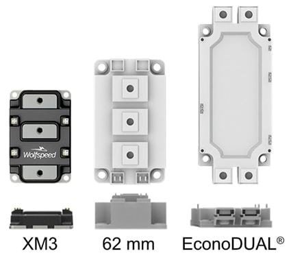 A comparison of Wolfspeed XM3 and EconoDUAL power modules displayed side by side