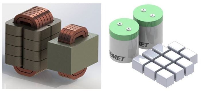 Industrial components including stacked metallic coils and capacitors