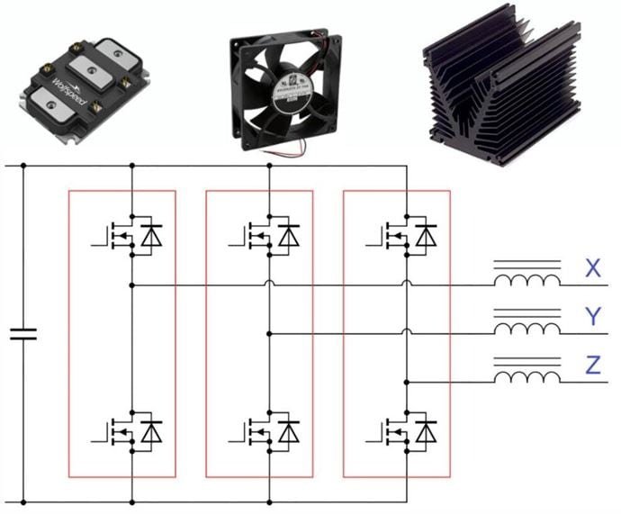 A detailed electronic circuit diagram showcasing power modules, a cooling fan, and heat sink components