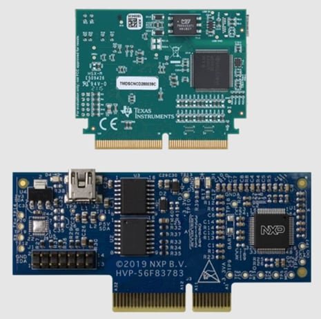 Two circuit boards are displayed, showcasing electronic components and chipsets