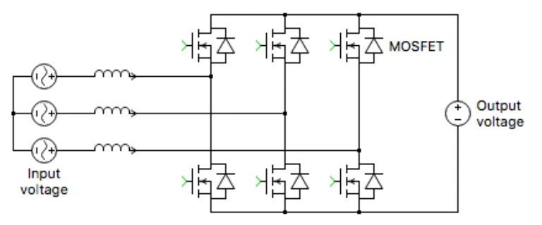 A detailed schematic of a MOSFET-based circuit showing input voltage sources, inductors, and output voltage connections. 