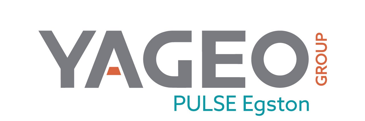 Graphic wordmark featuring the text YAGEO in large gray letters with an orange triangular accent inside the A. 