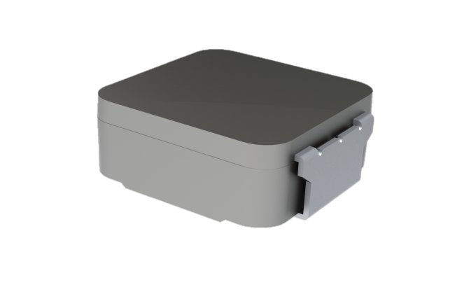 A compact gray storage container featuring a sturdy rectangular design and a secure latch mechanism on the side