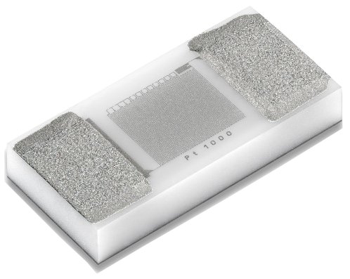 Close-up of a rectangular electronic resistor featuring metallic contacts and a central grid-like design