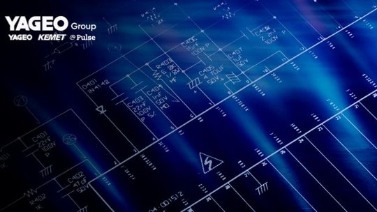 A detailed circuit blueprint featuring technical schematics and diagrams set against a blue gradient background. 