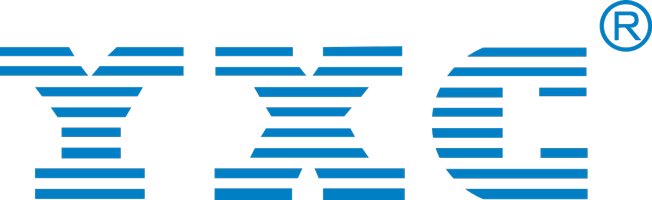 The image features the letters YXC rendered in a bold, geometric typeface. Each letter is composed of multiple horizontal blue stripes, creating a modern, technical visual style. 