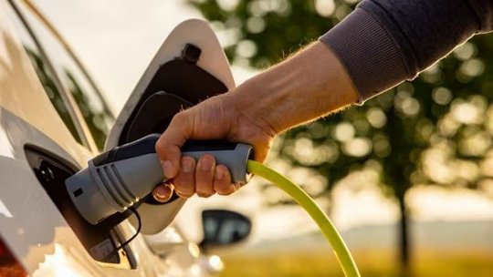 A man inserts a power cord into an electric car for charging in nature