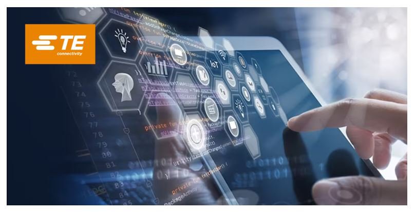 Closeup of businessman holding touching tablet with finger TE Connectivity logo present