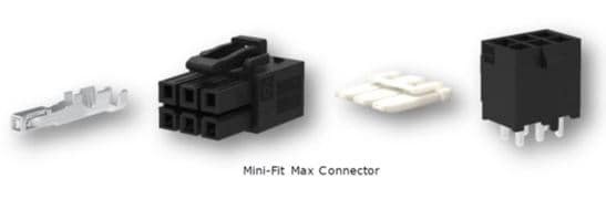 A detailed view of Mini-Fit Max Connector components, showcasing individual parts 