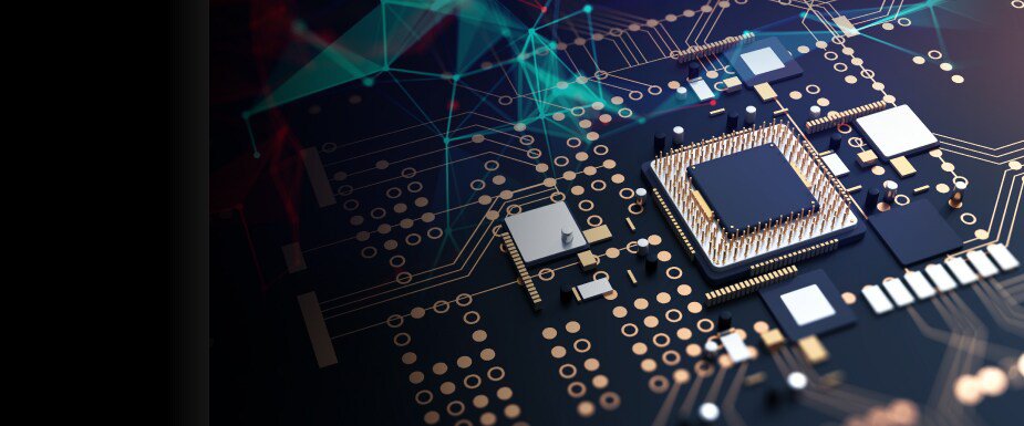Eine detaillierte Ansicht eines Mikrochips, der auf einer Leiterplatte eingebettet ist, und dabei die komplexen elektronischen Bauteile und Verbindungen zeigt.
