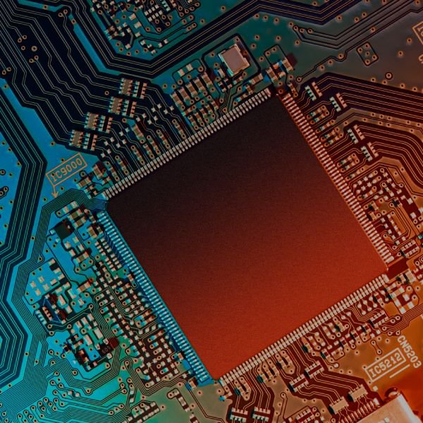 Detaillierte Ansicht eines Mikrochips und der umliegenden Schaltungen auf einer Leiterplatte.