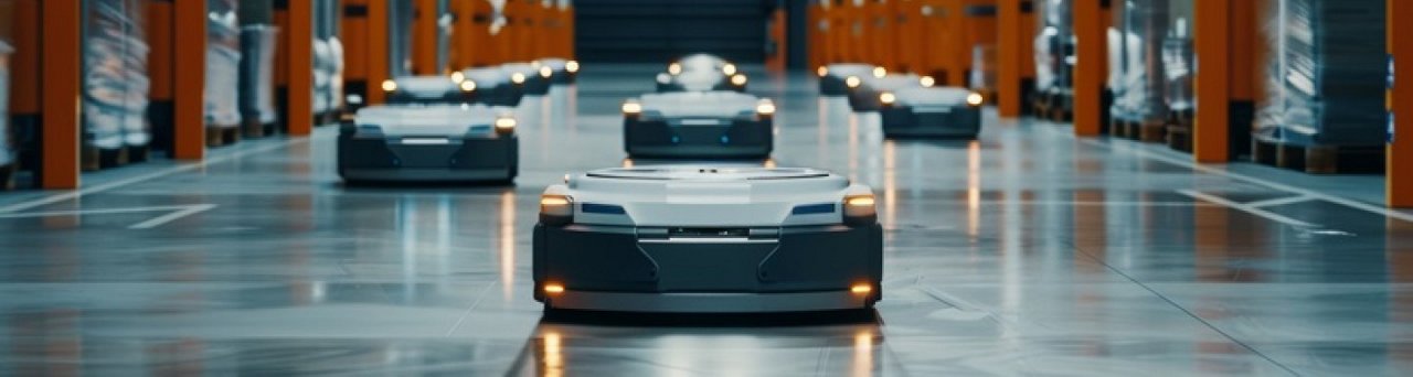 Bild eines Cobots, der Teile in einer intelligenten Fabrik bzw. Lagerumgebung transportiert