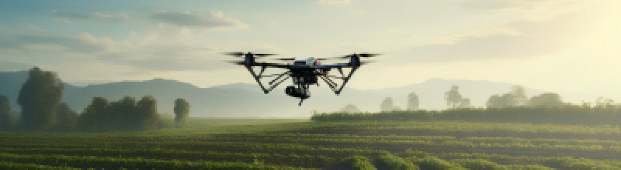 작물이 자라는 농경지 위를 비행하는 자율 로봇 드론의 이미지