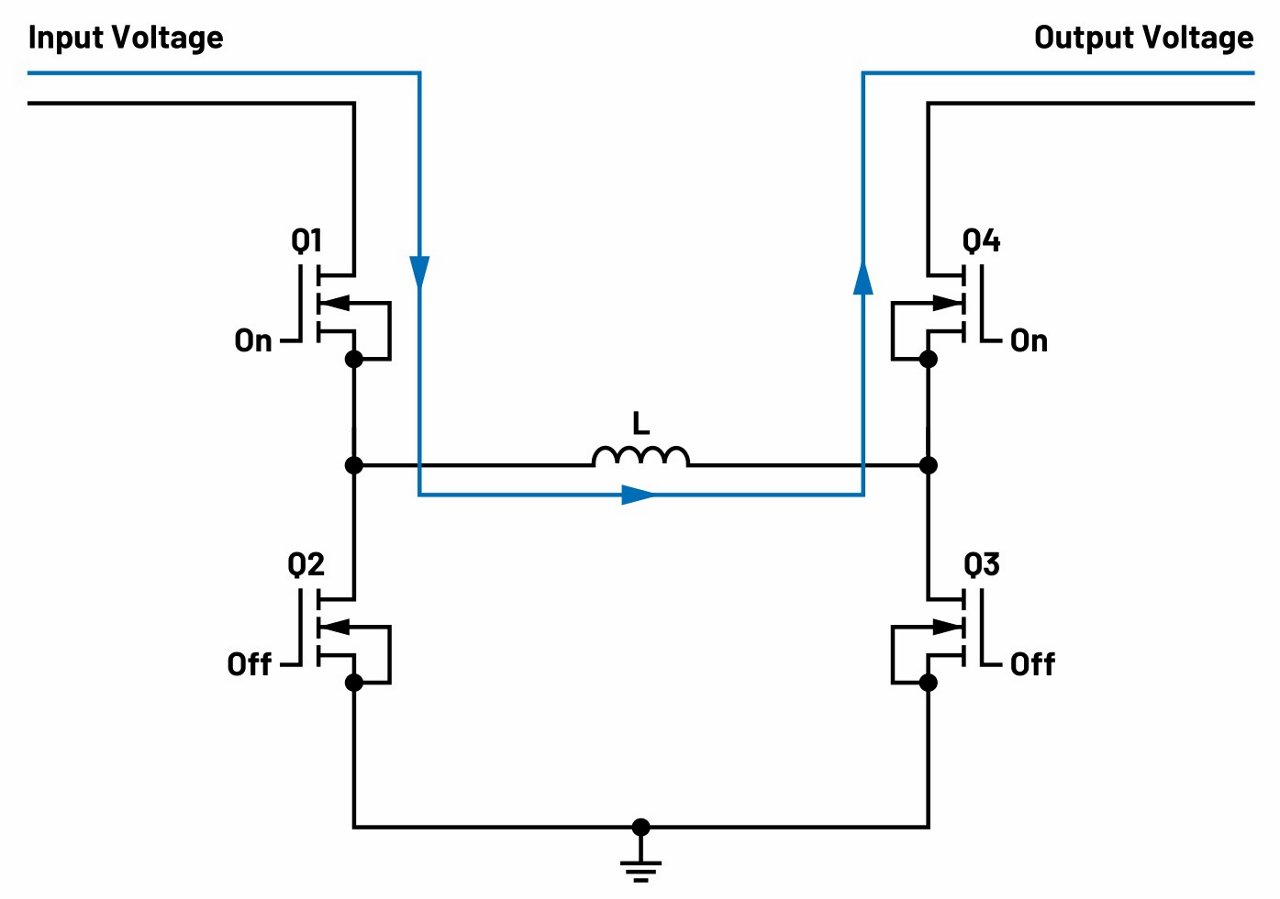 A schematic diagram illustrating an electrical circuit with labeled input and output voltage paths