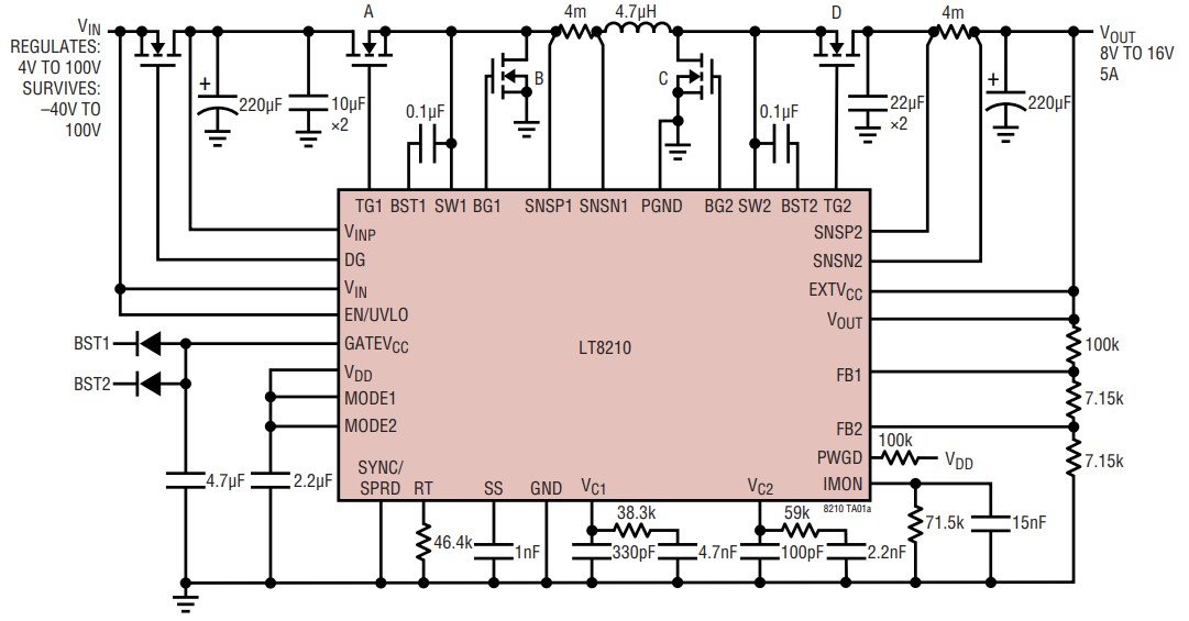A detailed circuit diagram featuring the LT8210 chip designed for voltage regulation