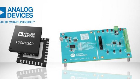 The image features the Analog Devices MAX22200 chip alongside a blue circuit board