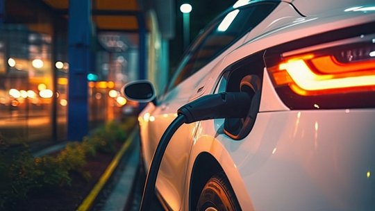 A sleek white electric car is plugged into a charging station in an urban setting during nighttime