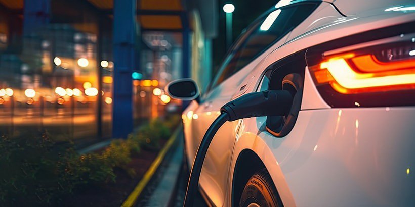 A sleek white electric car is plugged into a charging station in an urban setting during nighttime