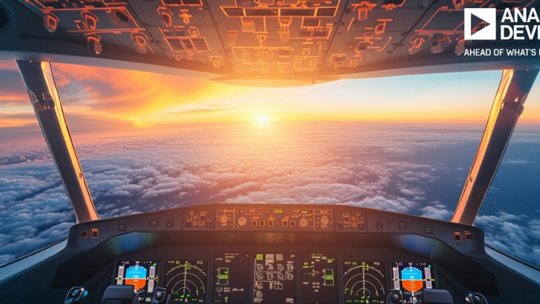 Ein modernes Flugzeugcockpit mit fortschrittlichen Bedienfeldern und beleuchteten Anzeigen bei Sonnenaufgang.