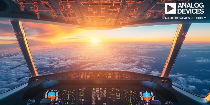 Ein modernes Flugzeugcockpit mit fortschrittlichen Kontrollpanelen und beleuchteten Anzeigen bei Sonnenaufgang.