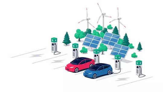 Elektrofahrzeuge, die an Ladestationen für Elektrofahrzeuge geladen werden, umgeben von Solarpanels und Windturbinen, die nachhaltige Energie veranschaulichen.