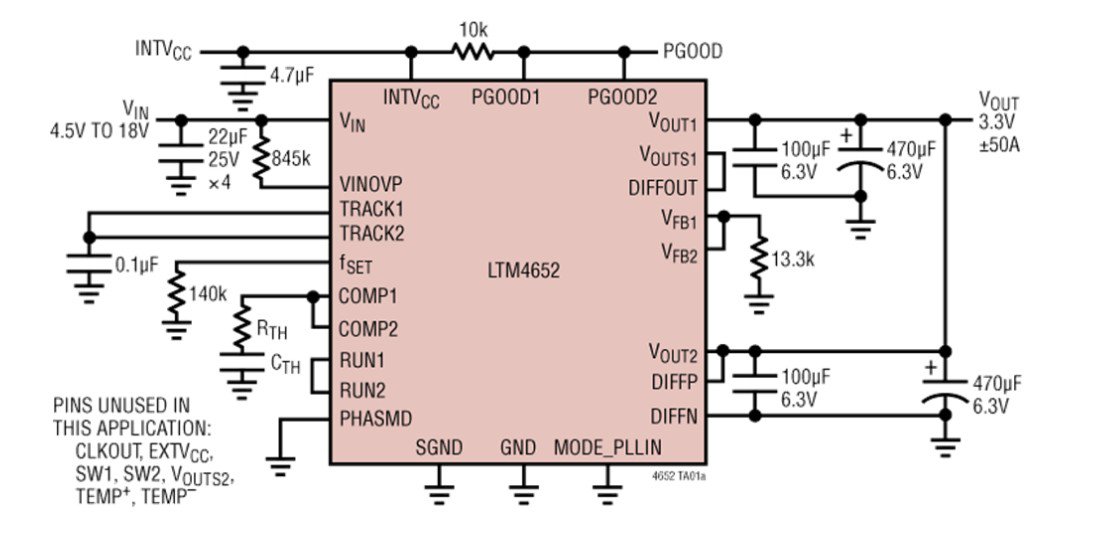 Detailed schematic of the LTM4652 power module showcasing electrical connections and components.