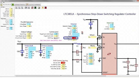 LTC3851A synchronous step-down switching regulator controller circuit diagram with component values and parameters displayed in a software interface.