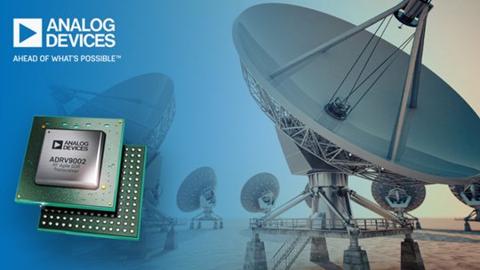 Analog Devices graphic showing the ADRV9002 electronic component and military satellites in the background