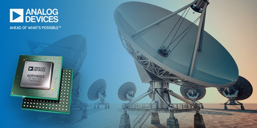 Analog Devices graphic showing the ADRV9002 electronic component and military satellites in the background