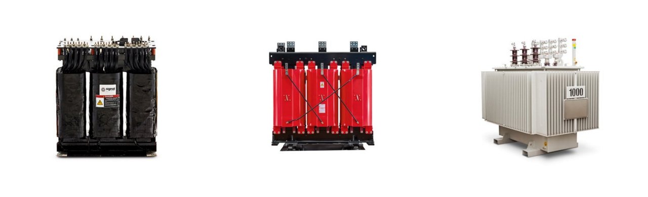 Three industrial transformers are displayed against a white background. 