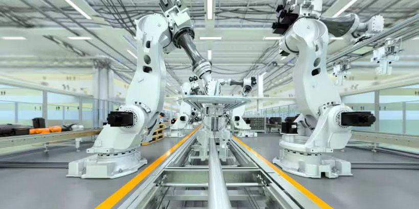 Robotic arms in modern manufacturing facility