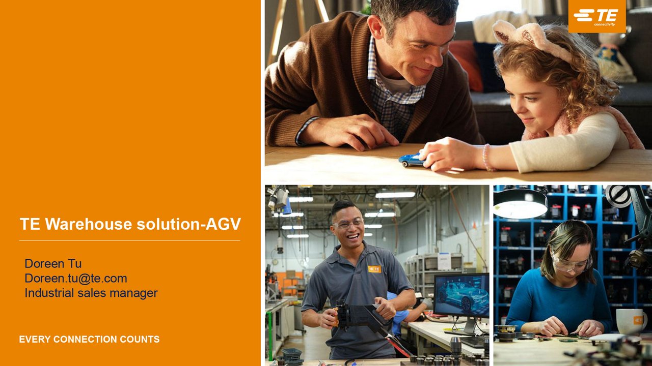 A promotional collage showcasing TE Warehouse Solution AGV. The visuals include a family setting with a child, a warehouse technician working with tools, and a professional in a tech workspace. 