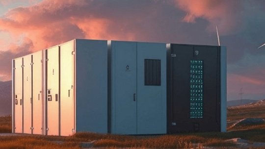 A modern energy storage unit is set in an open field during sunset, with wind turbines visible in the background