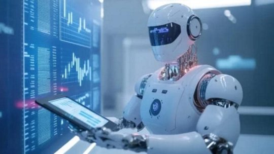 A futuristic humanoid robot interacts with a digital tablet in a high-tech environment