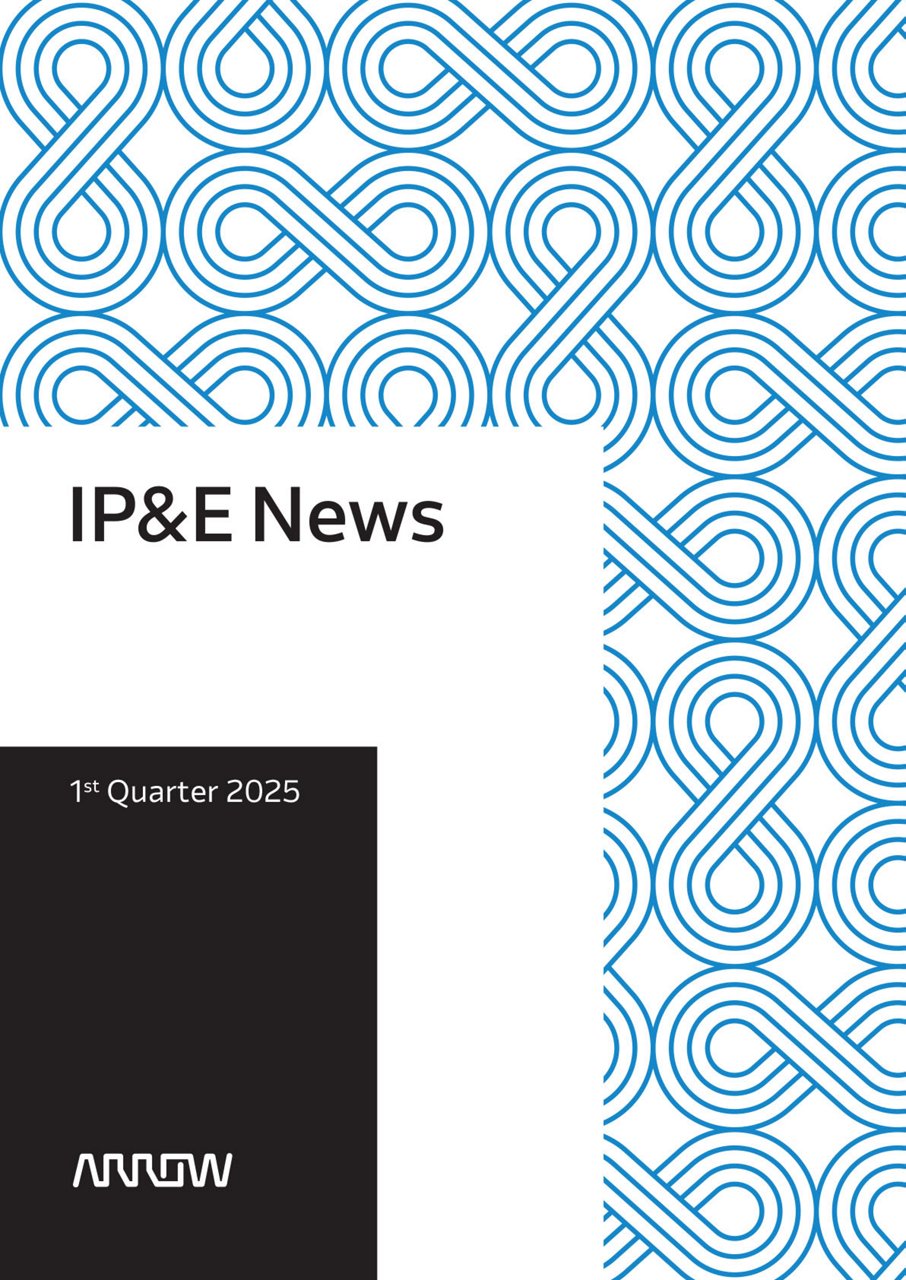 A cover design for the IP&E News publication featuring a bold geometric pattern in blue and white.