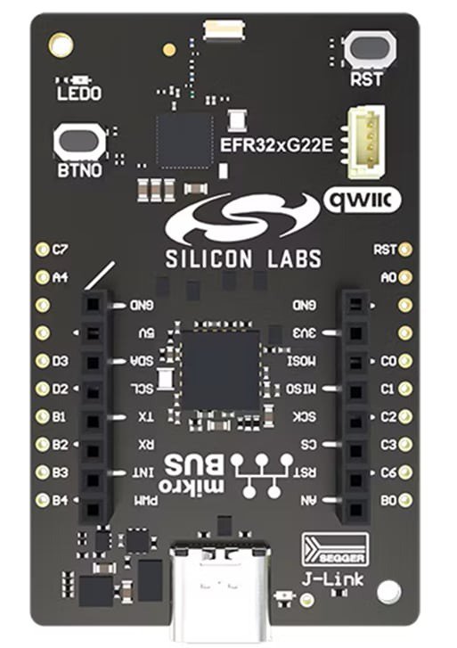 Close-up of a Silicon Labs development board featuring the EFR32xG22E microcontroller.