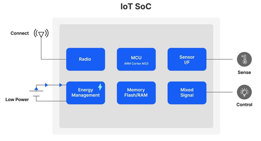 A labeled diagram illustrating the architecture of an IoT System on Chip (SoC).