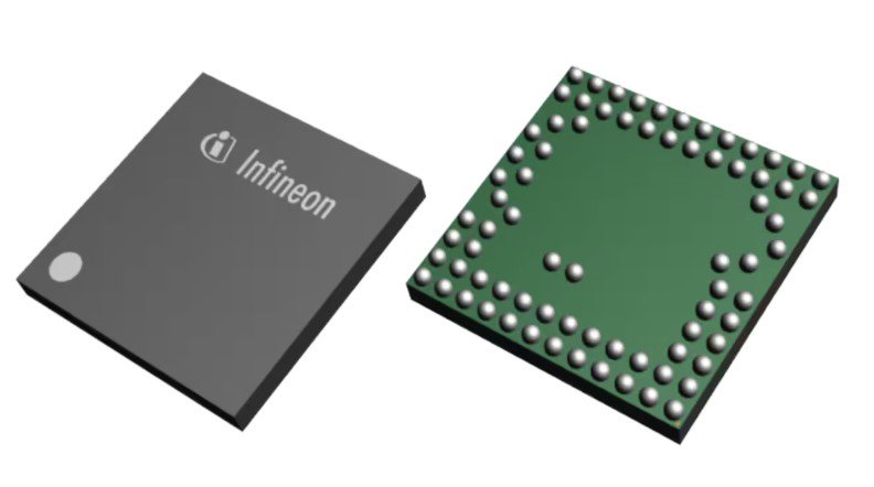 Close-up view of an Infineon microchip showcasing its design and structure.