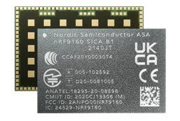 Close-up of a Nordic Semiconductor nRF9160 SICA B1 chip showcasing its technical details and certifications