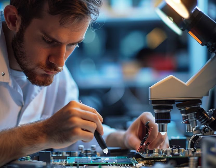A technician is focused on assembling or repairing a circuit board in a laboratory setting. 