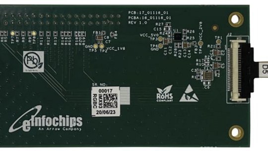 A green electronic circuit board featuring a connector on the right side and various printed labels, including 'PCB 17_09116_01' and '20/02/23'.