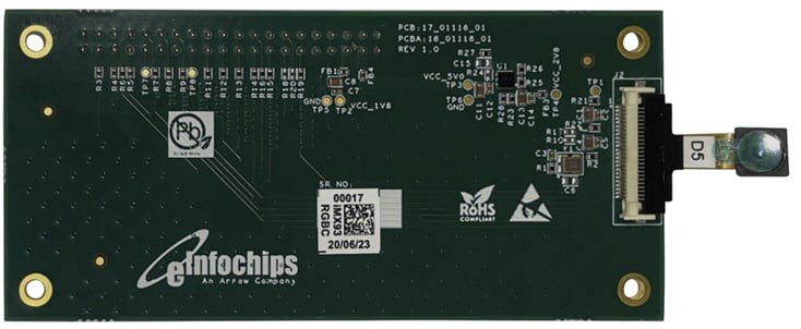 Una placa de circuito electrónico verde con un conector en el lado derecho y varias etiquetas impresas, incluyendo 'PCB 17_09116_01' y '20/02/23'.