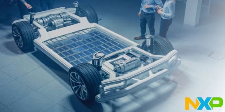 A detailed view of an electric vehicle chassis showcasing its internal components, including battery and drivetrain. 