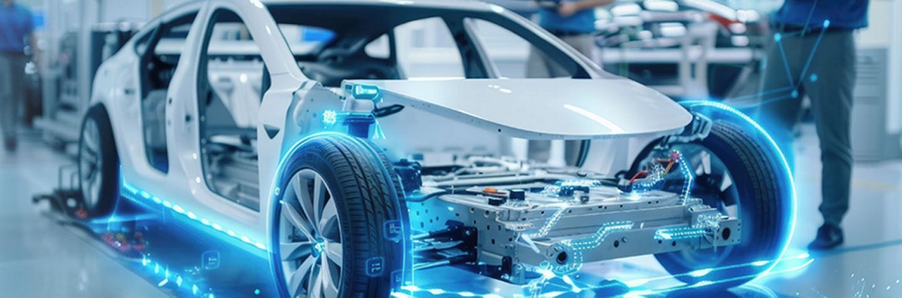 Un chasis de automóvil eléctrico parcialmente ensamblado se exhibe en una instalación de fabricación de alta tecnología.