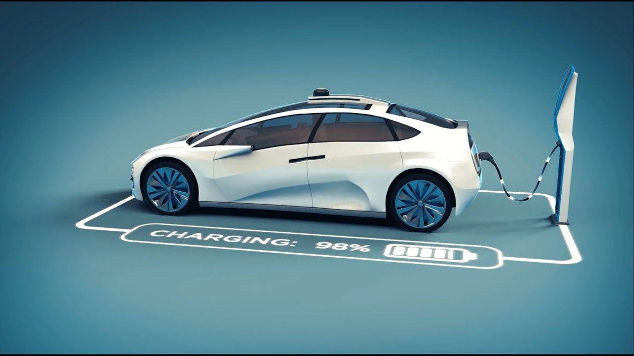 Un elegante coche eléctrico blanco se muestra cargándose en un entorno futurista.