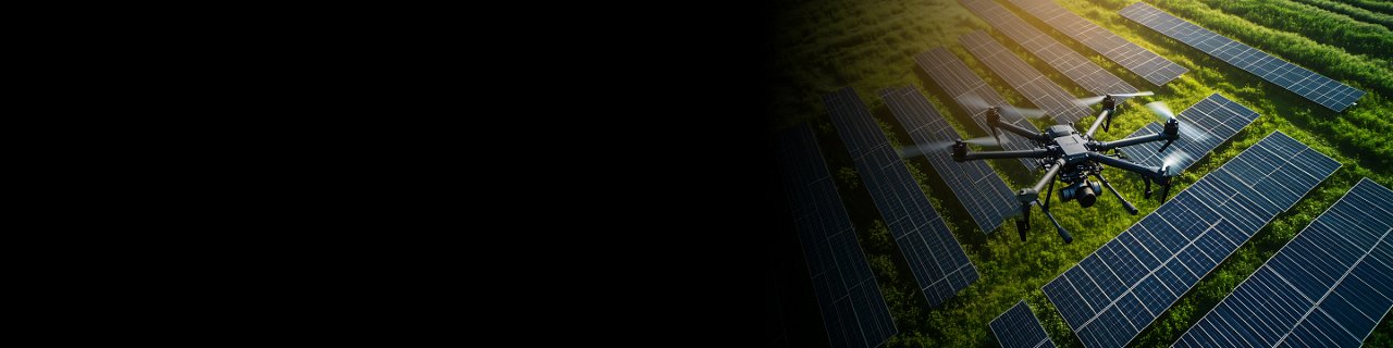 현대적인 드론이 대낮에 넓은 태양광 패널 들판 위를 맴돌고 있다.