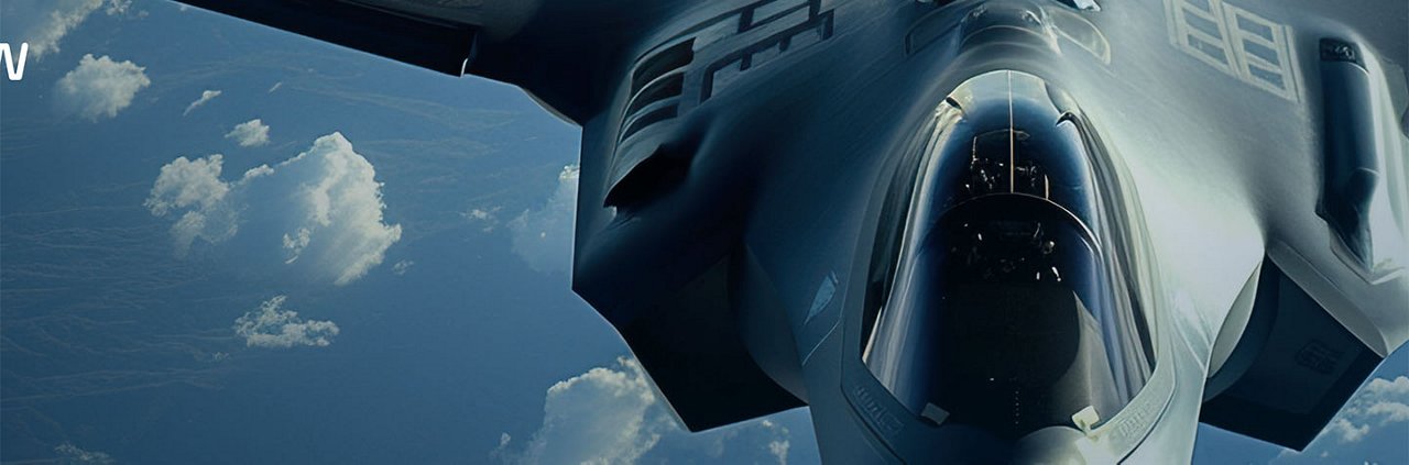 A sleek stealth aircraft is captured mid-flight against a backdrop of scattered clouds and blue sky.